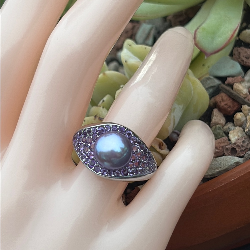 Honora Purple Pearl 9.5mm & Amethyst Sterling Silver Statement Ring Size 9